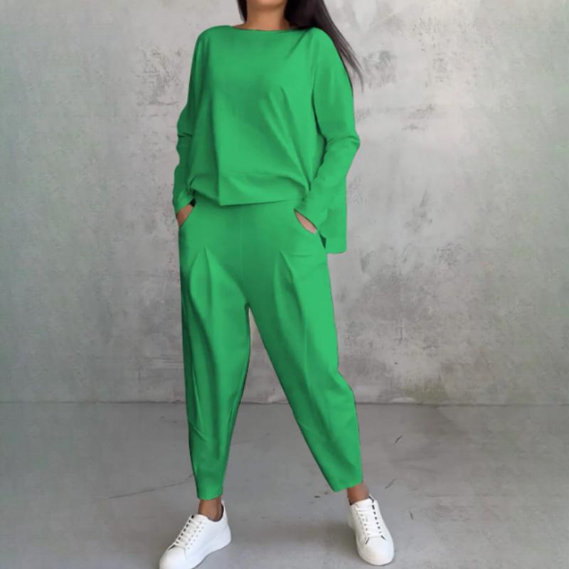 

Весенне-осенний женский повседневный костюм, однотонный, с круглым вырезом, с длинными рукавами, женские брюки с карманами, женские брюки M зелёный