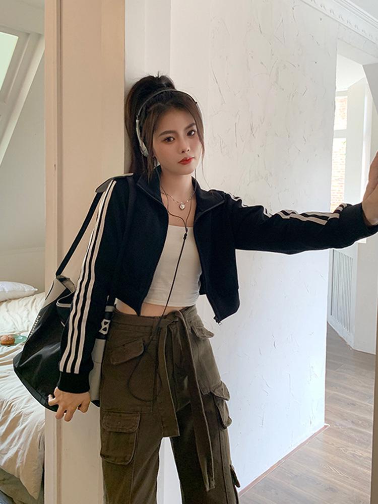 Women's Slim-Fit American Retro Three-Stripe Long-Sleeve Sporty Zip-Up Jacket with Stand-Up Collar