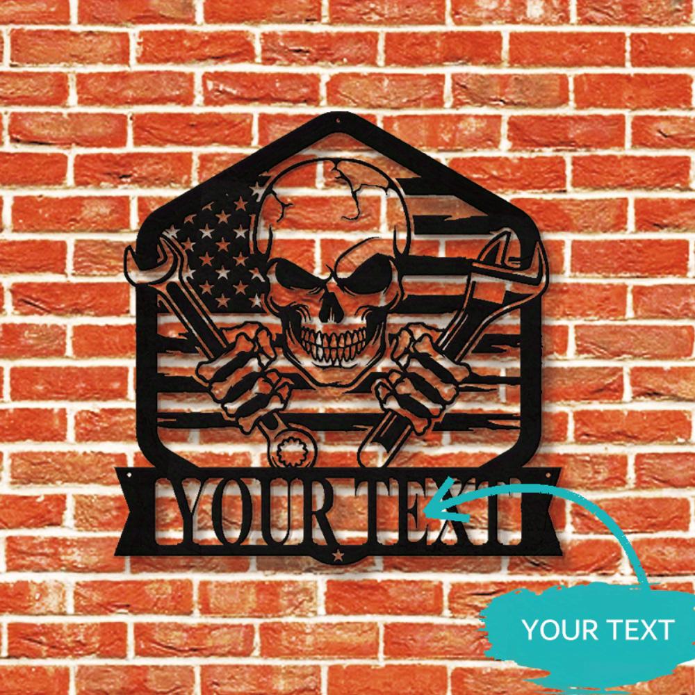 Unique Tailored Skull Themed Mechanic Metal Wall Decor Iron Crafted Workshop Garage Name Sign Festive Home Deco