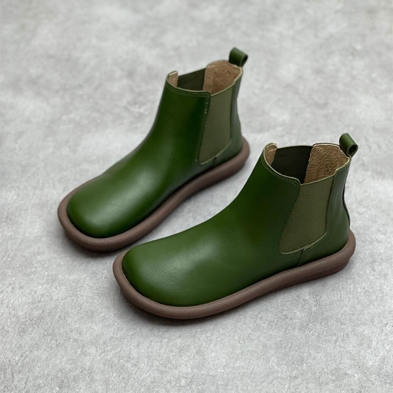 Johnature Pravá kůže Krátké kozačky s kulatou špičkou Ležérní Jednobarevné Měkká podešev Všestranné dámské ploché kozačky