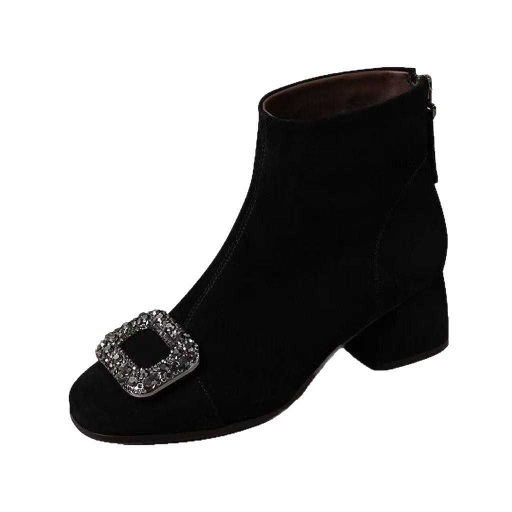 Coarse Heel Short Boots Women's New Autumn and Winter Elastic Thin Boots French Square Heel High Heels Small Ankle Boots Martin Boots