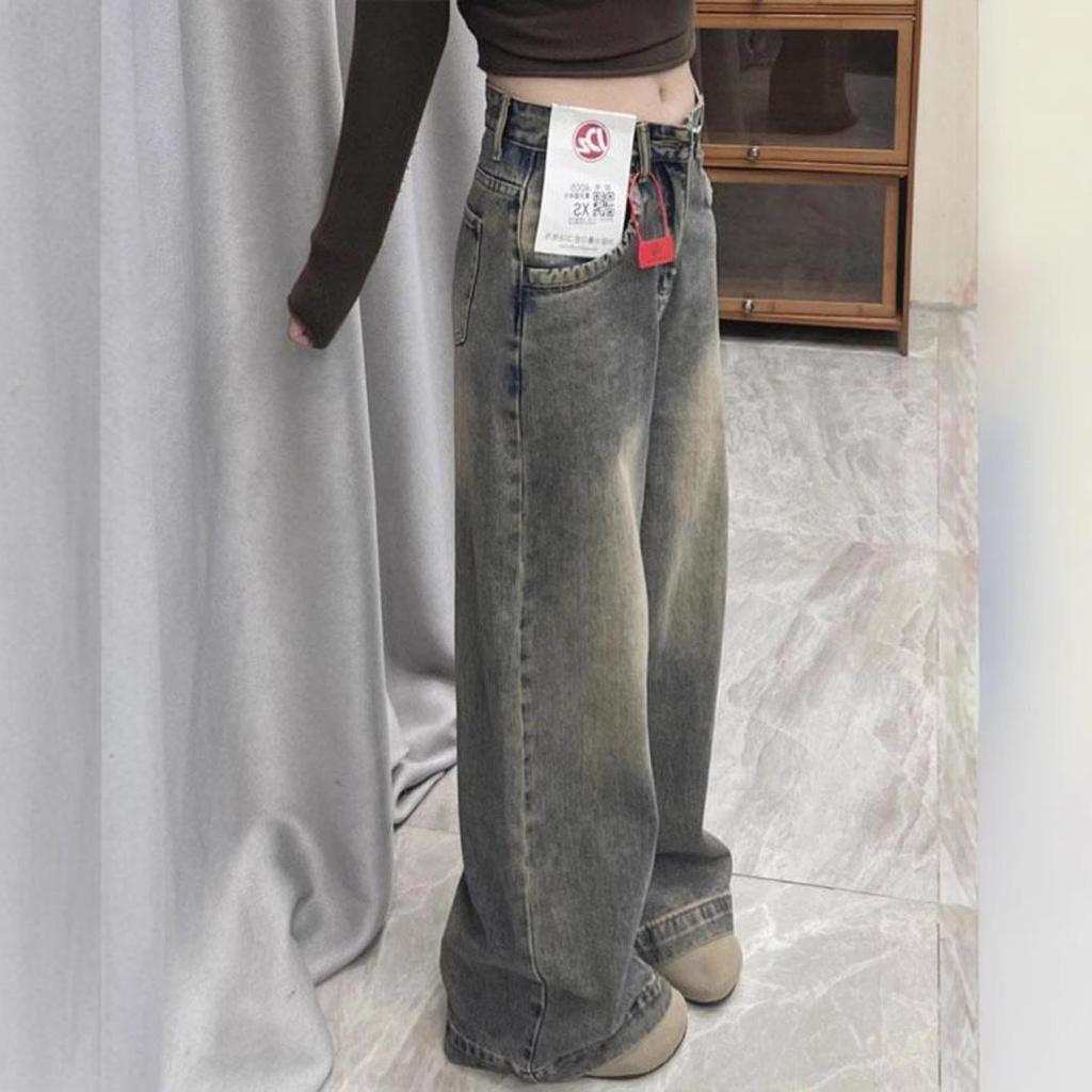 Women's High-Waist Distressed Denim Jeans - Comfortable, Trendy, Loose-Fit, Wide Leg, Long Pants