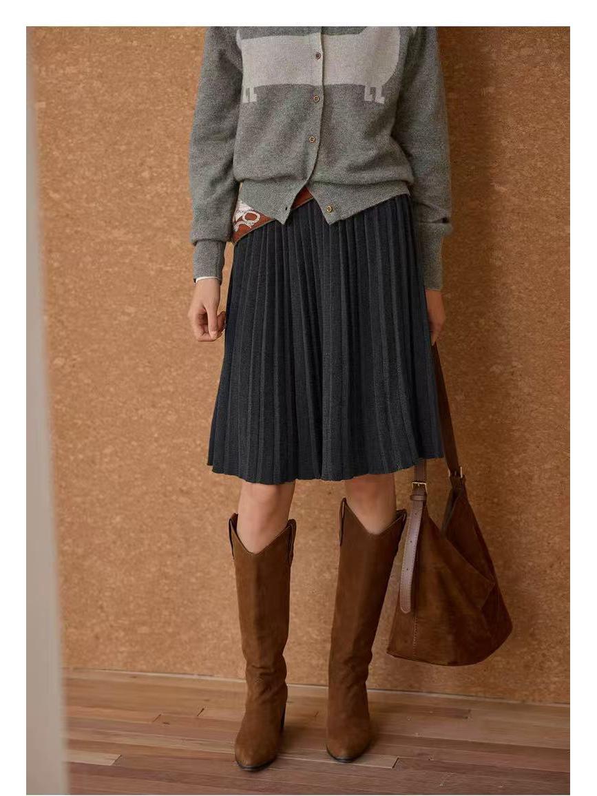 Solígther Women s French Retro Wool Knit Pleated Midi Skirt - Autumn/Winter 2025, Grey One Size серый