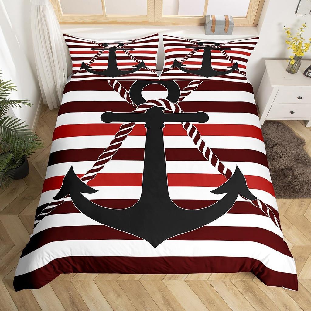 Vintage Anchor Duvet Cover Twin King, Nautical Theme Bedding Set Sailing Boat Sea Turtle Bed Cover, Compass Starfish Quilt Cover