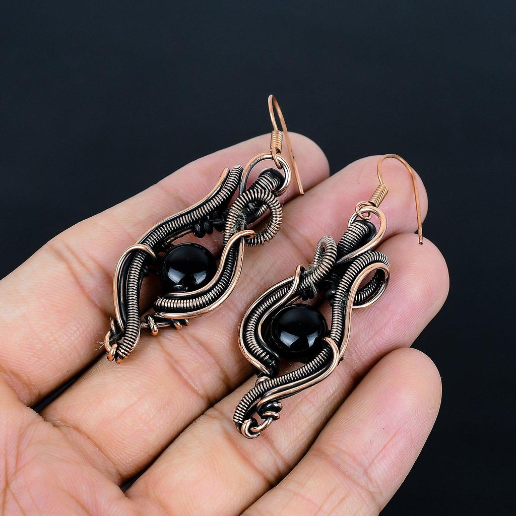 Black Onyx 999 Copper Wire Wrapped Earrings, Handmade Gemstone Jewelry Earrings For Memorial Day