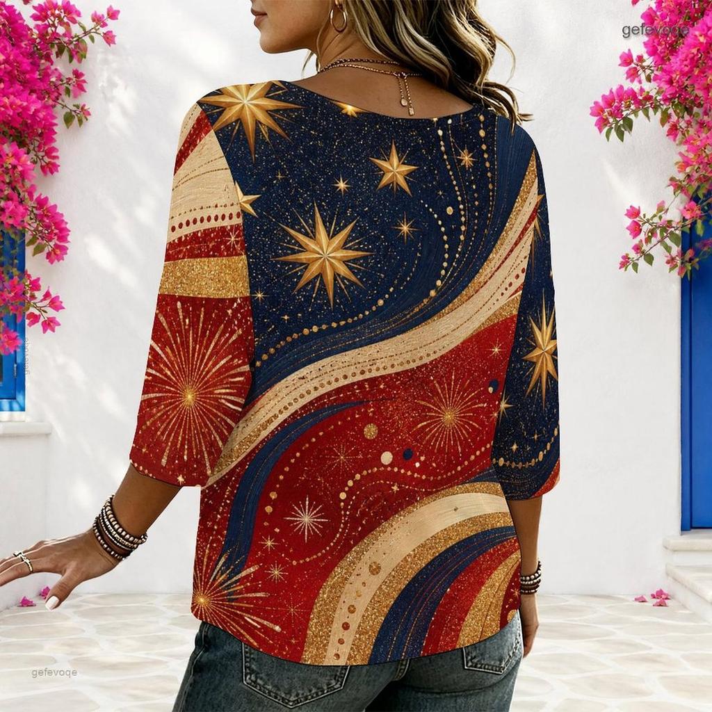 Women Plus Size Round Neck 3 4 Sleeve Star Stripe Printed Loose Blouse Navy Red White
