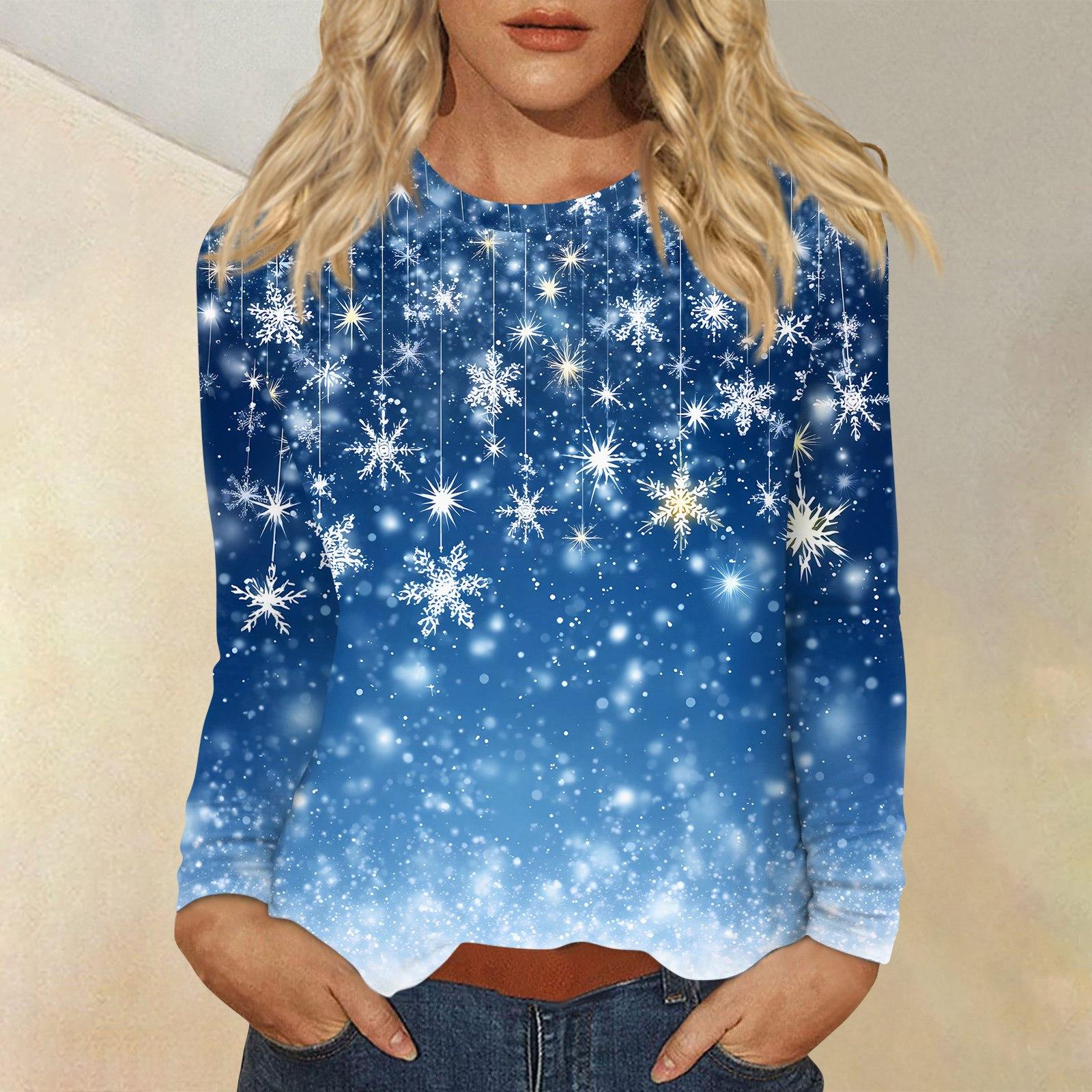 

Женская мода повседневный рождественский принт круглый вырез длинный рукав пуловер топ M