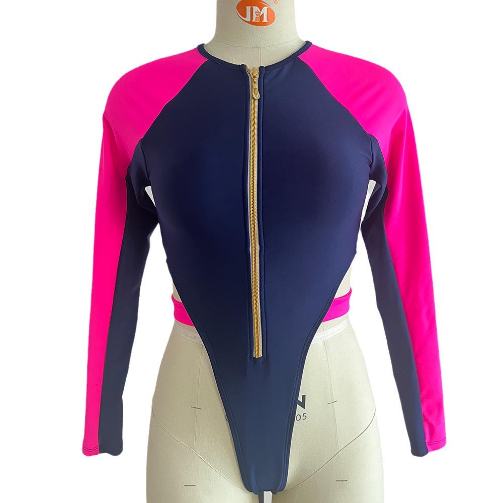 

2024 Женский сексуальный раздельный купальник бикини с длинными рукавами в стиле колорблок Large