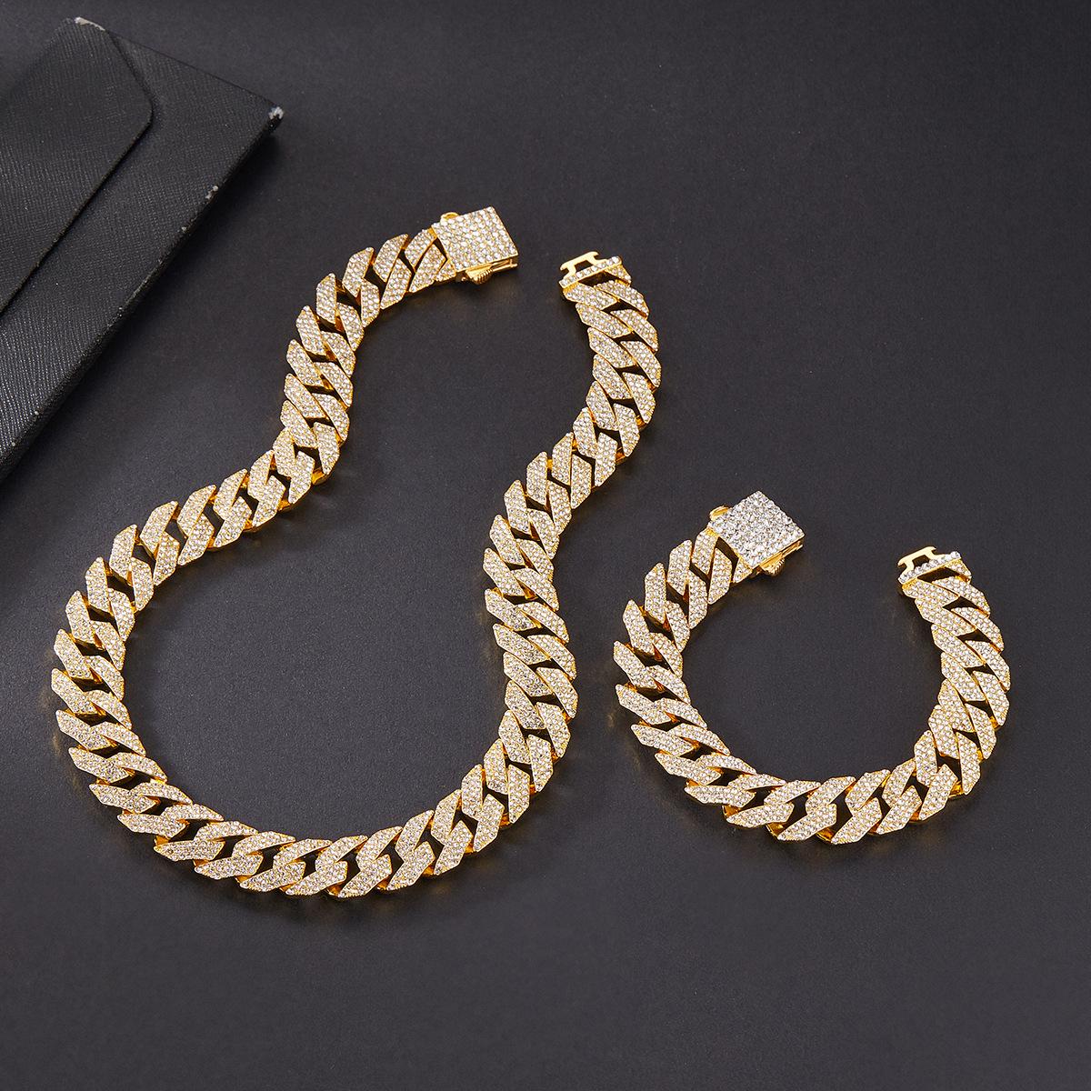 

Trending Three-Row Rhinestone Alloy Cuban Chain Hip-Hop Necklace 8 inch