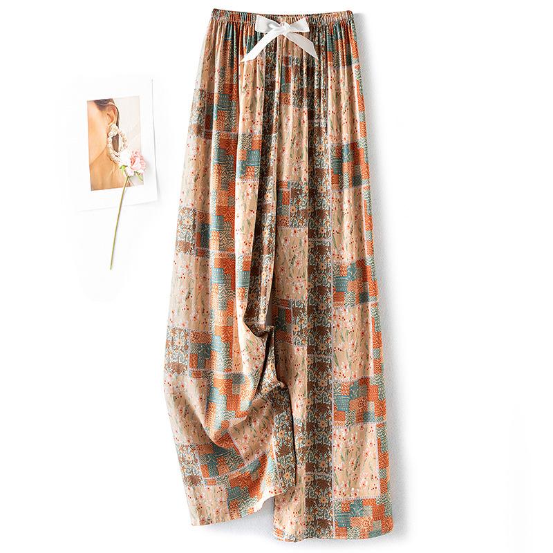 Pantaloni de pijama din bumbac mătase pentru femei, secțiune subțire de vară, anti-țânțari, pantaloni cu picior lat, culoare uni, pentru exterior, casă, petrecere a timpului liber, imprimeu, pantaloni de plajă până la genunchi