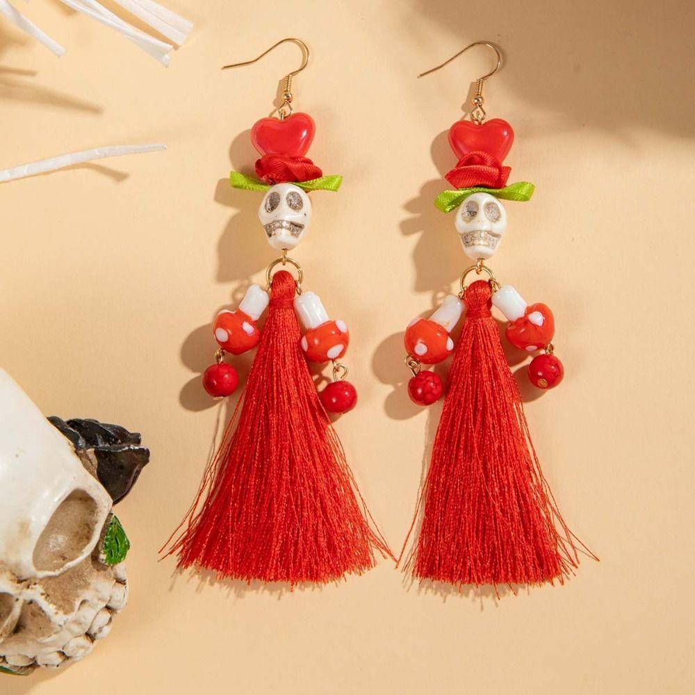 Rice Bead Skull Drop Earring Tassel Ear Jewelry Accessories Fashion Halloween Earrings  Party