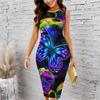 Women Plus Size Crew Neck Sleeveless Midi Dress Neon Color Cosmic Butterfly Print Bodycon Dress