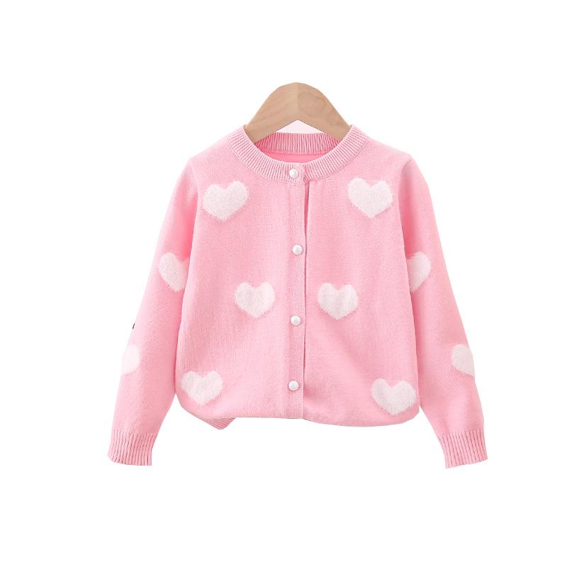 Children's Mink-Heart Jacquard Cardigan - Spring/Autumn Core-Spun Yarn Sweater for Girls