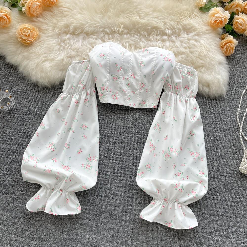 Women's One Shoulder Tube Top Long Sleeve Floral Shirt