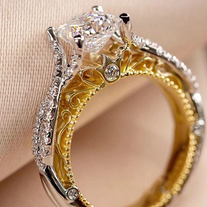 Opulent Princess Cubic Zirconia Rings for Women Novel Two-tone Engagement Jewelry Charms Aesthetic Wedding Accessories