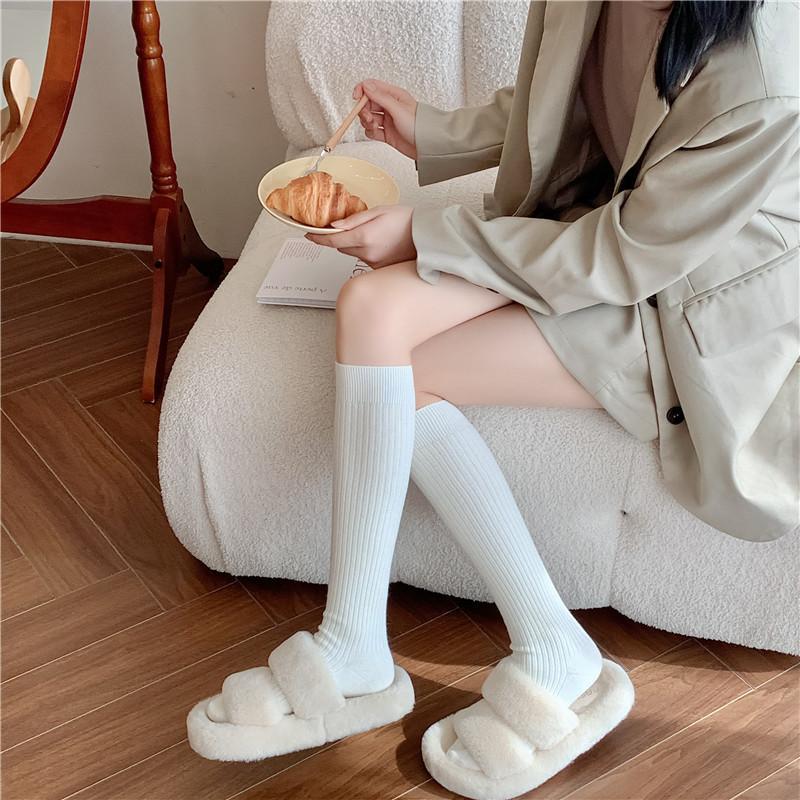 Autumn And Winter Women's Knitted Socks Solid Color Vertical Bar Warm Knee Length Socks Harajuku Fashion Lolita Socks