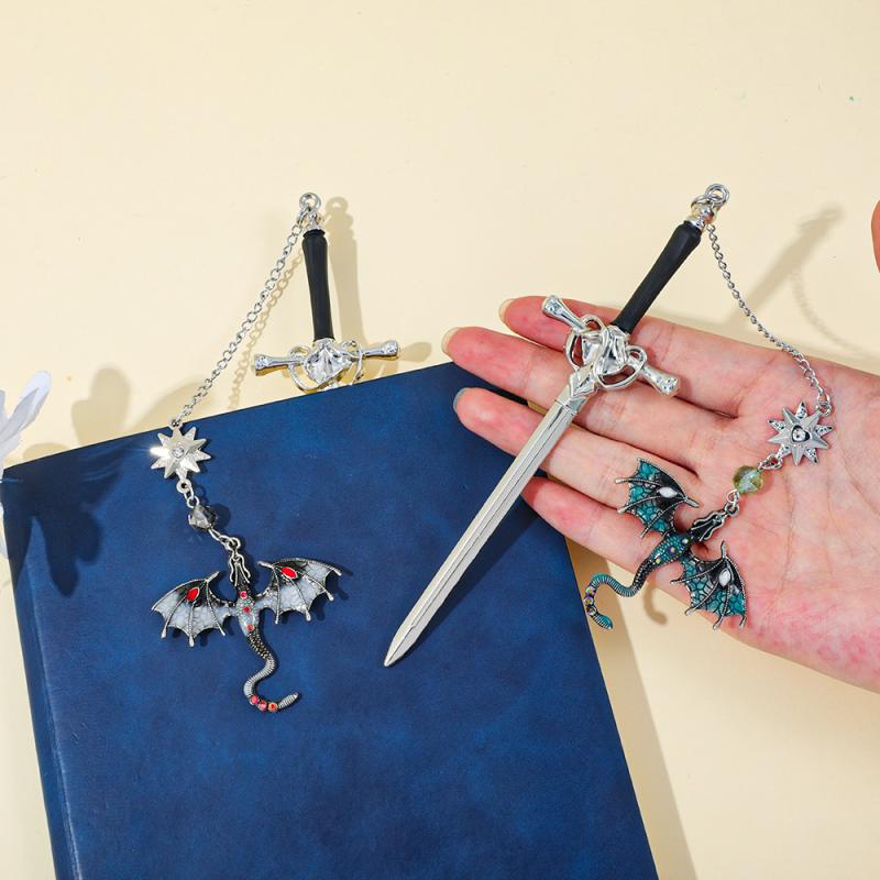 Sword-Shaped Weapon Model Metal Bookmark With Double-Winged Dragon Pendant Book Lovers Reading Accessories Birthday Gift
