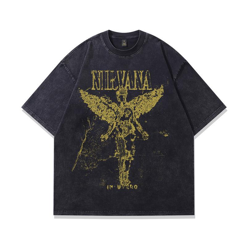 European And American High Street Washed Half-Sleeved T-Shirt Vintage Nirvana Band Printed Vintage Short-Sleeved T-Shirt Men