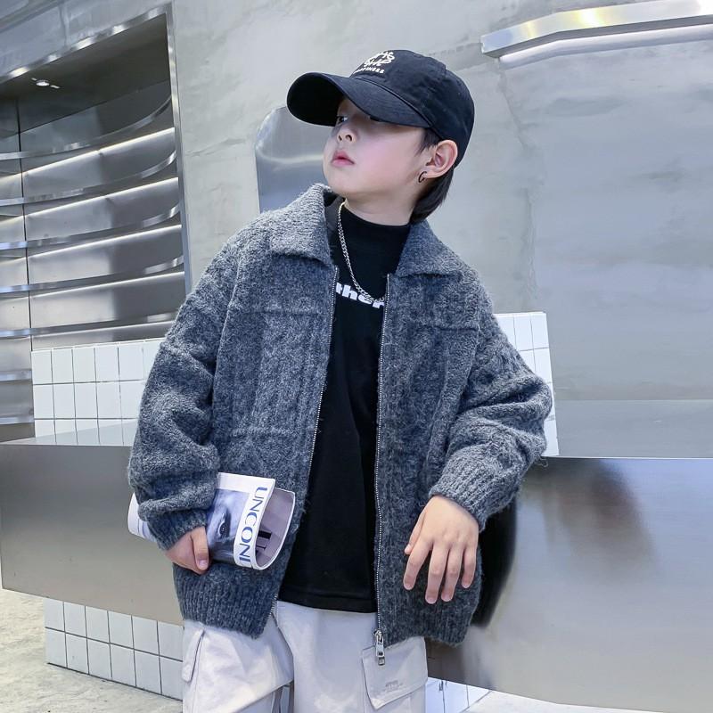 Boys Winter Knit Cardigan Thick Warm Korean Style Solid Color Zip Up Sweater Kids 120-170cm