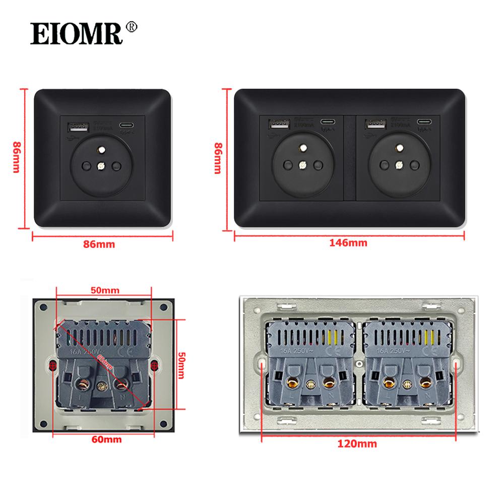 EIOMR France Standards Grounded Wall Socket 16A 250V with USB and Type-C Port Quality Curved Flame Retardant Panel Power Socket