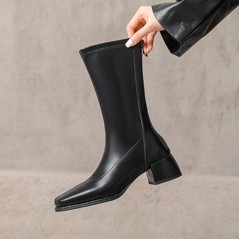 Krazing Pot Microfiber Autumn Winter Shoes Thick Med Heels Size 43 Chelsea Boots Apricot Zipper Mid-calf Boots