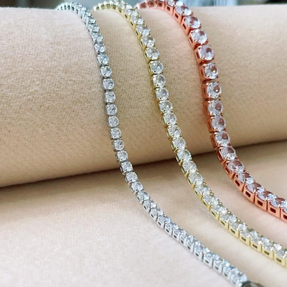 Kadınlar için 4mm Paslanmaz Çelik Kaplama Altın Rengi Moda Zirkonya Bileklik Kristal Tasarımcı İnce Zincir Düğün Takısı