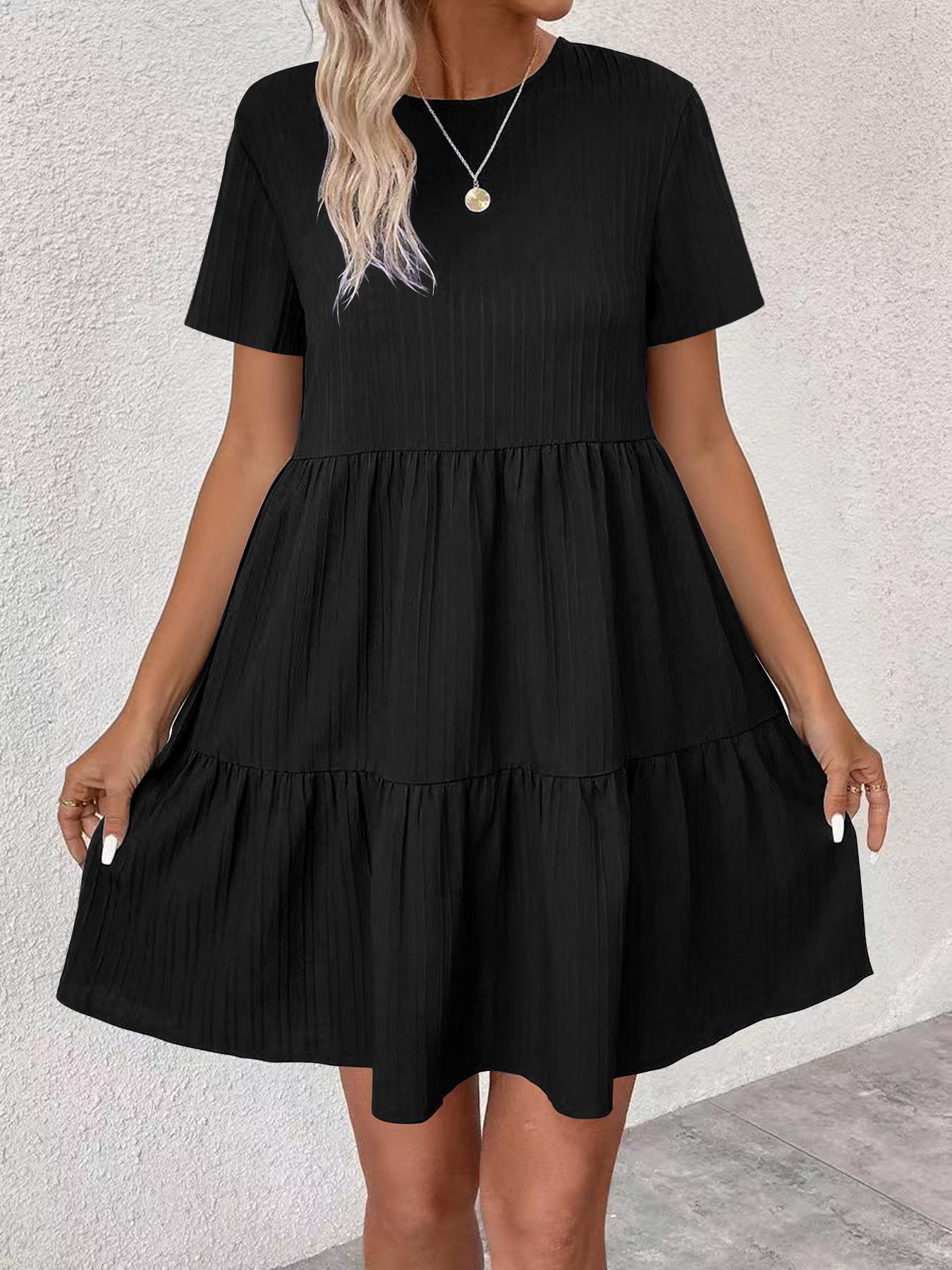 

European American Long Sleeve Pleated Solid Color Mid-length Dress Extra Large чорний