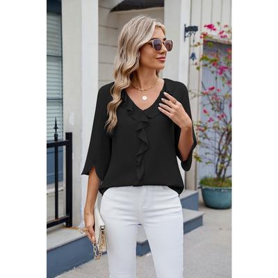 Women's Fashion Casual Summer Spring Solid Color Print Short Sleeve V-Neck Blouses & Shirts