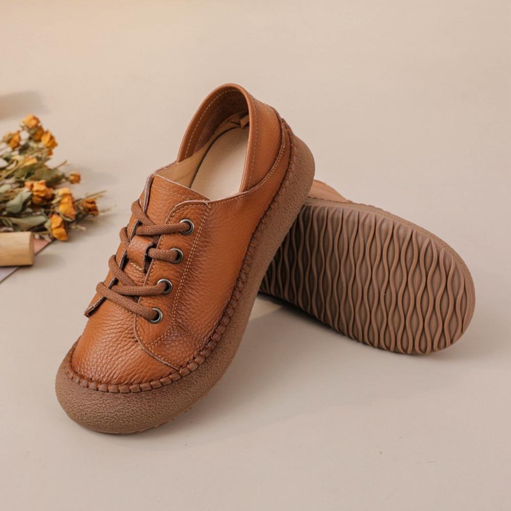 Genuine Cowhide Mom Shoes, Round Toe Versatile Casual Leather Shoes, Spring Summer Soft‑Sole Wear‑Resistant Flat Loafers for Women SA‑1011