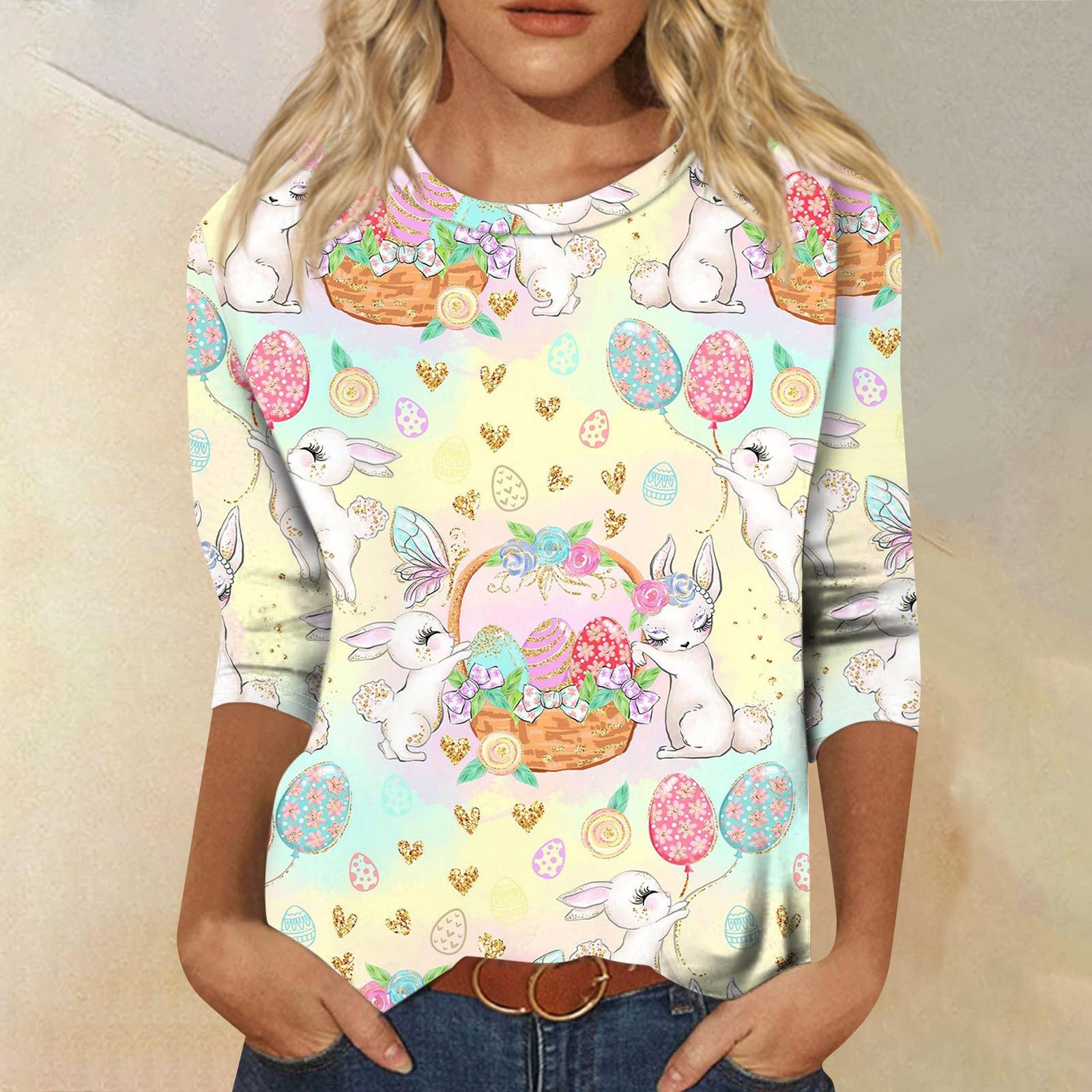 

Women s Fashionable Casual Three-quarter Sleeve Easter Print Round Neck Pullover Top XXXL