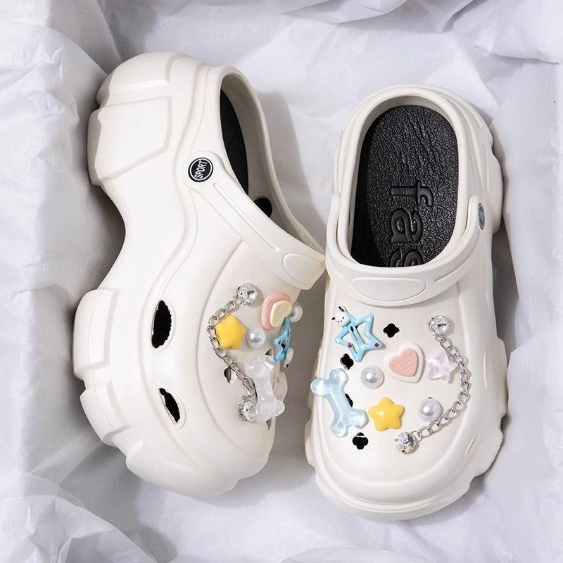 Zapatos de agujeros con suela gruesa para uso exterior de verano DIY dulce y fresco estilo Y2K estrella de cinco puntas elevador de bolsa zapatillas frescas