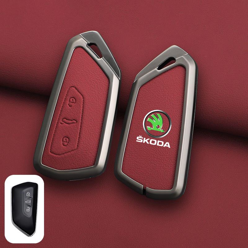 XOWS7 Zinc Alloy Leather Car Remote Key Case Cover Protector Shell Fob For Skoda Superb A7 Kodiaq Octavia A7 A8 Keychain Accessories