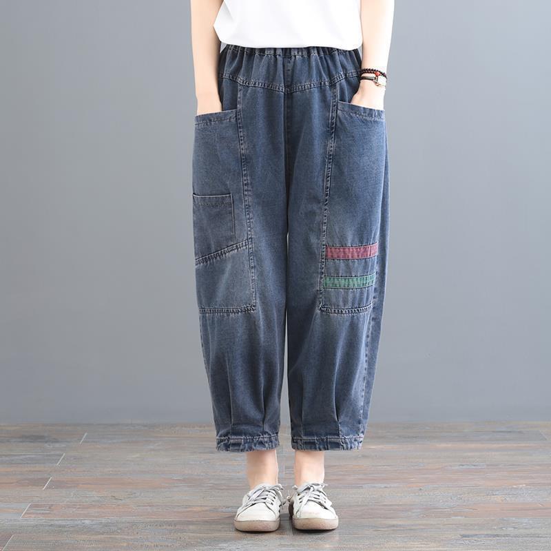 

2026 Plus Size Loose Denim Harem Pants for Women - Patchwork, Large Pockets, Spring/Autumn Collection. XL (130-145 lbs) синий
