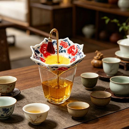 Umbrella-Shaped Ceramic Tea Infuser with Rotating, Chinese Blue & White Ceramic Strainer for Loose Leaf Tea, Kung Fu Tea Filter, Elegant Gift for Tea