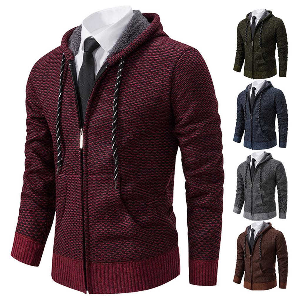 Men's Plush And Thick Solid Color Sweater Men's Clothing Jacket Hooded Cardigan