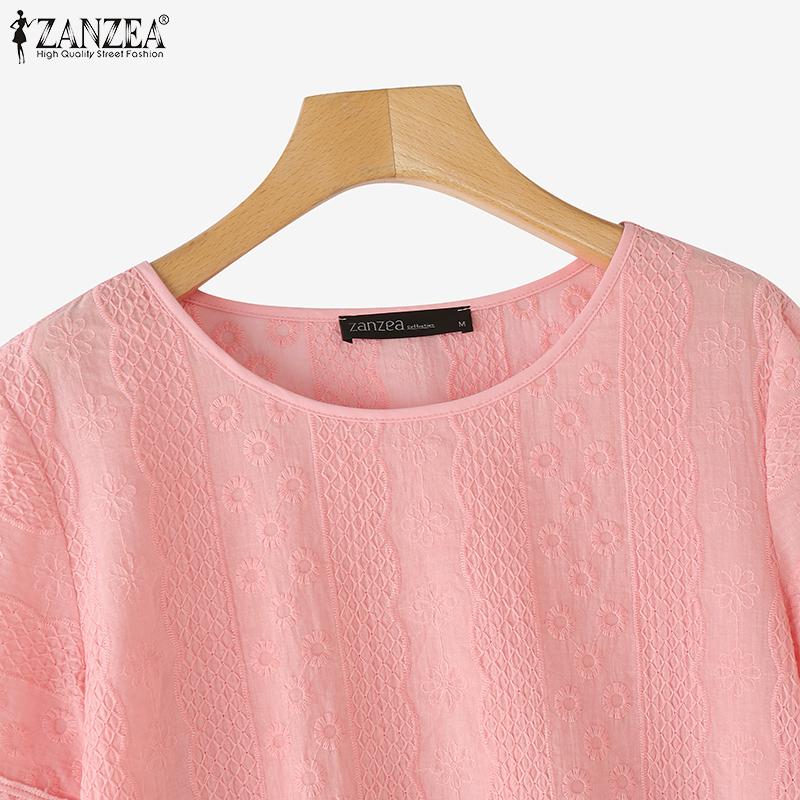 ZANZEA Damska codzienna bluzka z okrągłym dekoltem i krótkim rękawem, z koronkowymi wstawkami