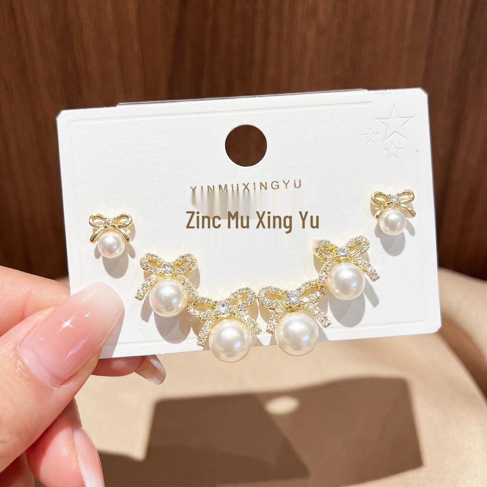 2026 Exquisite Bow & Pearl Stud Earrings Set - Three Pairs for Women