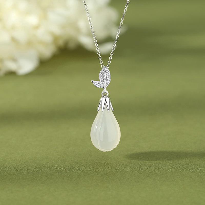 Tichiya S925 Sterling Silver White Chalcedony Magnolia Necklace - Chinese Style for Women S925 Silver