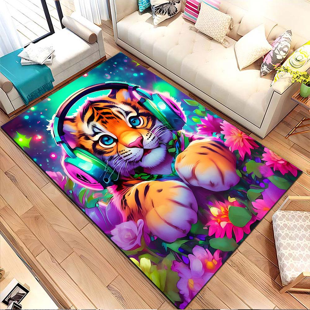 Cute Tiger Cub with Headphones & Flowers Patterned Carpet, Non Slip Mat Suitable for Living Room and Bedroom Sofas