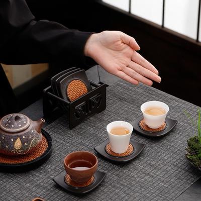 6pcs Elegant Heat Insulation Mat Chinese Style Tea Cup Holder Tray Rattan Tea Coaster Set  Tea Party