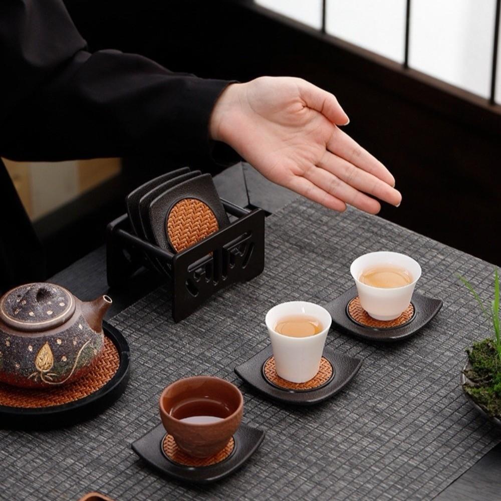 6pcs Chinese Style Heat Insulation Mat Anti-scalding Tea Cup Holder Rattan Tea Coaster Set Home Use