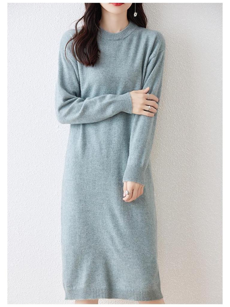Women's Long Wool Knitted Dress - Over-the-Knee, Semi-High Neck, Loose Fit for Autumn/Winter