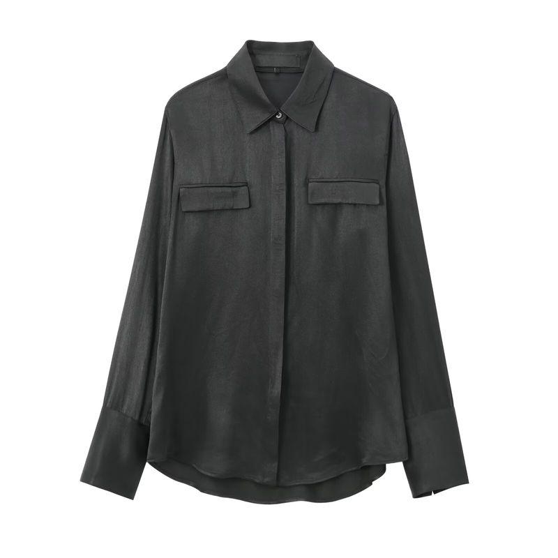 Kaslead New Arrival Women's Fashion Style Fashion Pocket Silk Satin Texture Long Sleeves Shirt 8987213