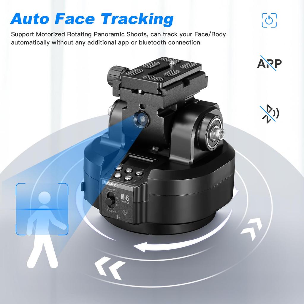 SOONPHO M6 Motorized Tripod Head with AI Auto 2kg Load Easy Long Battery Smartphone Camera Japanese Live Video Recording Tracking, 360° Rotation,