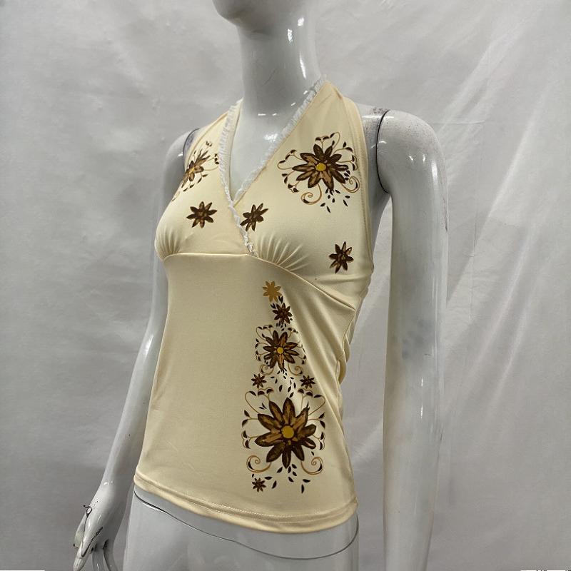 European and American summer retro printed V-neck hanging neck vest women's clothing