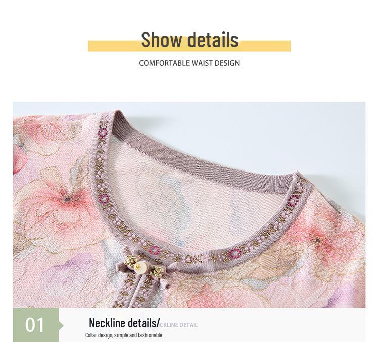 Maternity Rhinestone Seven-Sleeve Round Neck Top for Middle-Aged & Elderly Women - Spring/Summer Loose Age-Reducing T-Shirt