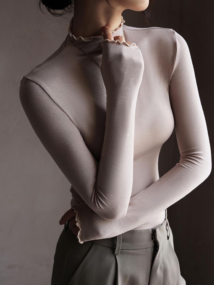 Women's Stylish High-Neck Ruffled Long Sleeve Top - Slimming and Flattering for Autumn/Winter