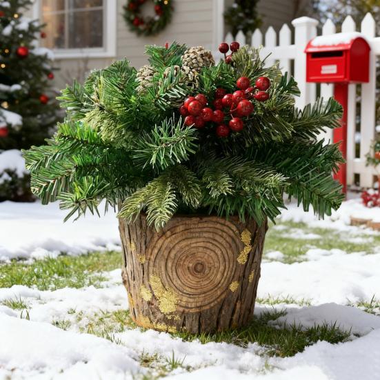 18 Inch Lighted Artificial Christmas Urn Filler Pre-lit Xmas Pine Tree with Cones Red Berries Small Christmas Tree with Tripod Stake for Porch Yard