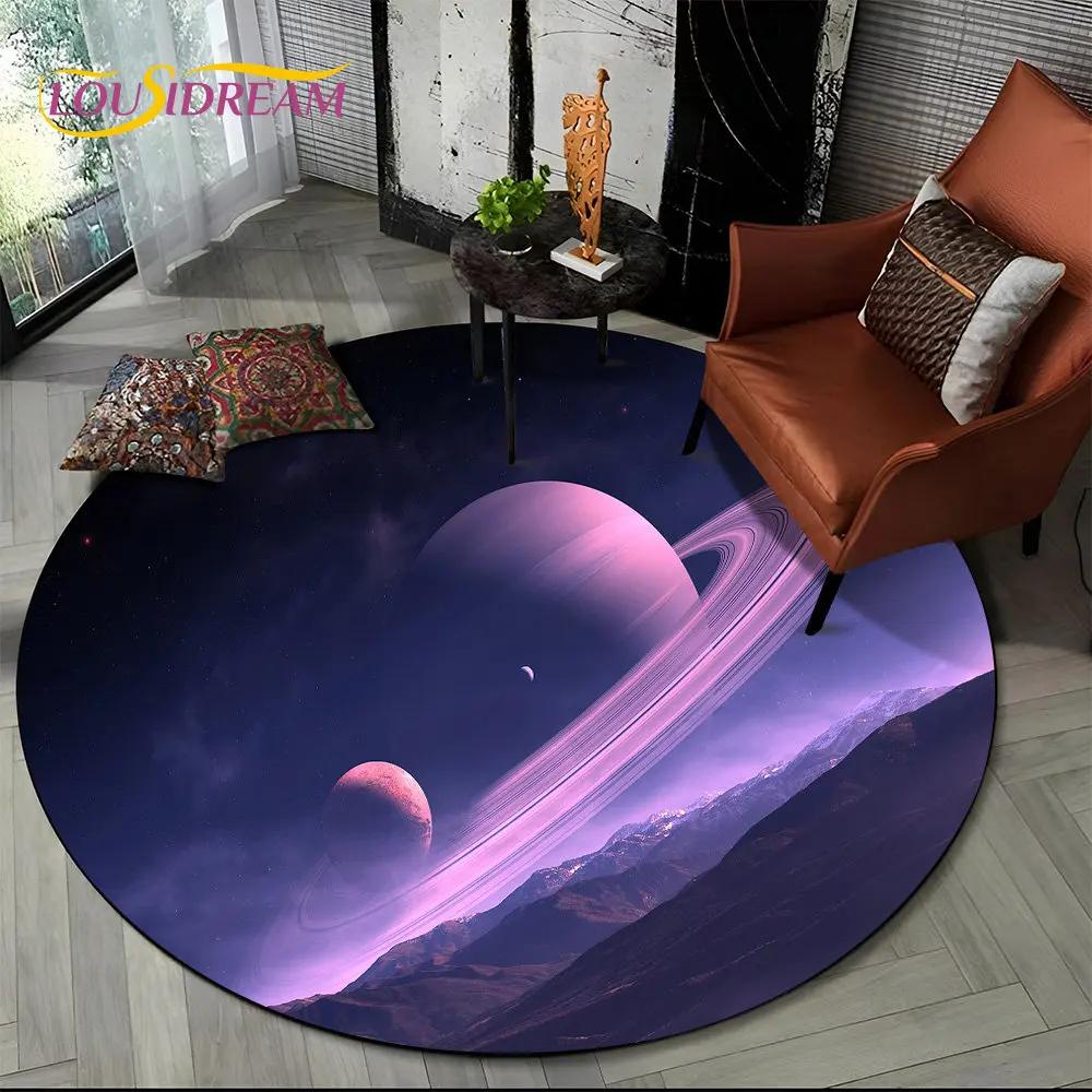 Earth Space Fixed Stars Galaxy Round Area Rug,Carpet for Living Room Children's Bedroom Sofa Playroom Decor,Non-slip Floor Mat