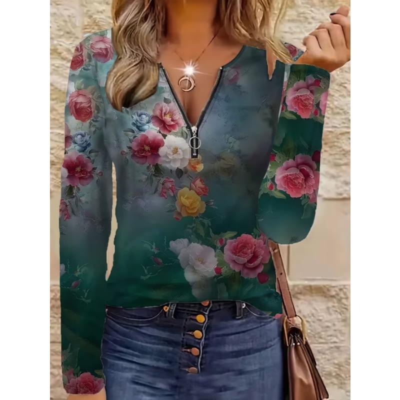 Women's elegant printed zipper long-sleeved top, stylish and versatile for autumn and winter casual and office wear, machine washable